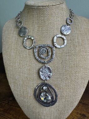 Volcom Silver-Tone Hammered Circle Pendant Necklace with Clear Crystals